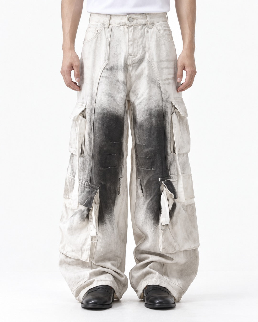Ink-Splattered Wide-Leg Cargo Pants