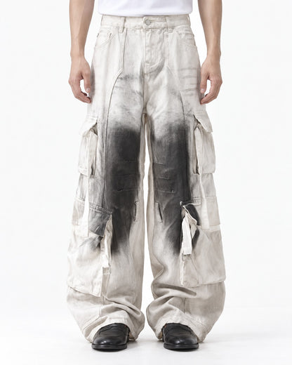 Ink-Splattered Wide-Leg Cargo Pants