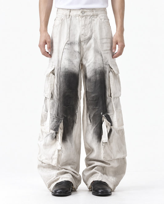 Ink-Splattered Wide-Leg Cargo Pants