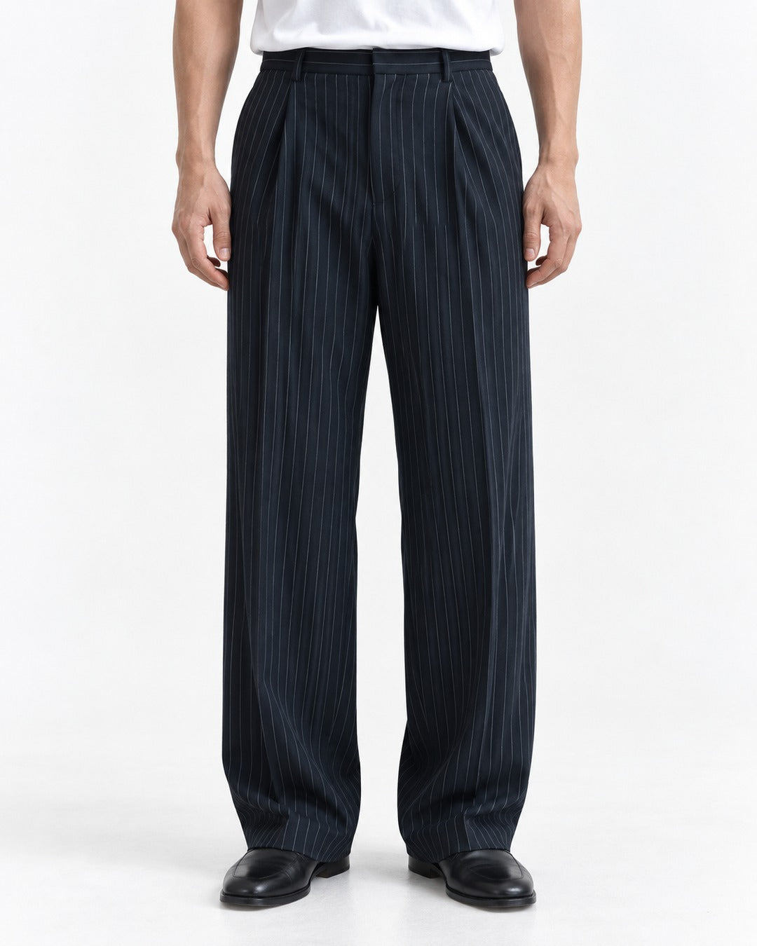 Pinstripe Pleated Straight Trousers