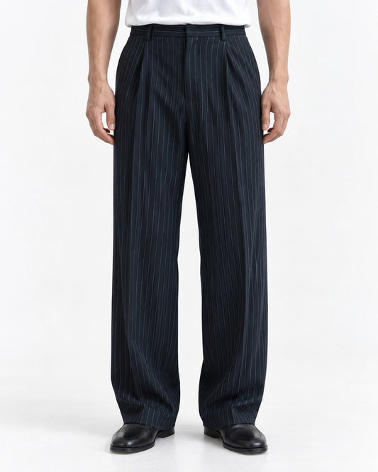 Pinstripe Pleated Straight Trousers