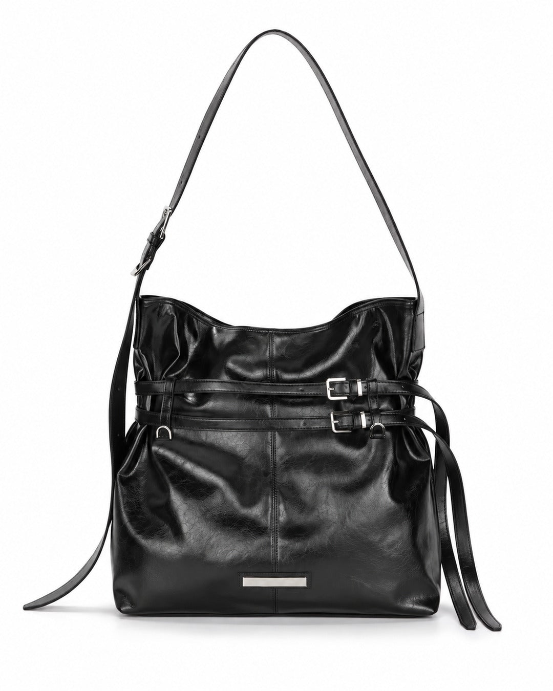 Glossy Black Buckle Strap Shoulder Bag