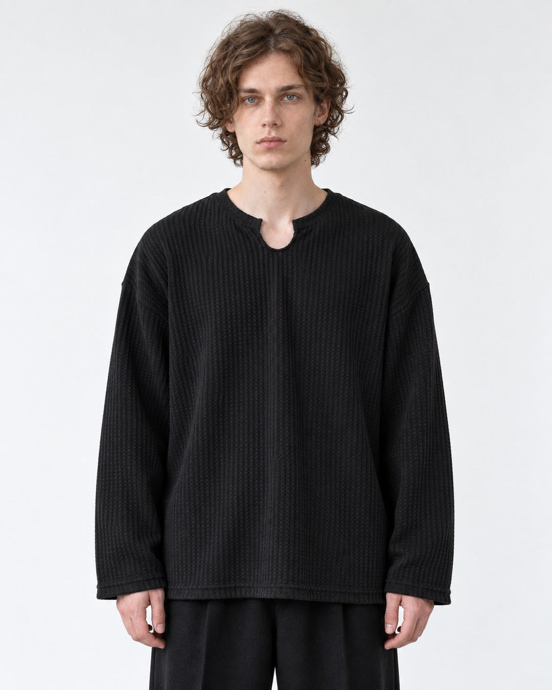 Notched Collar Waffle Knit Tee