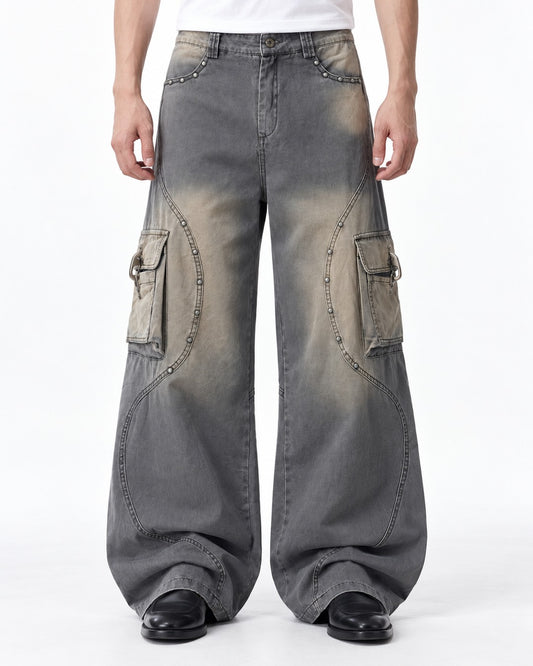 Studded Seam Faded Cargo Jeans