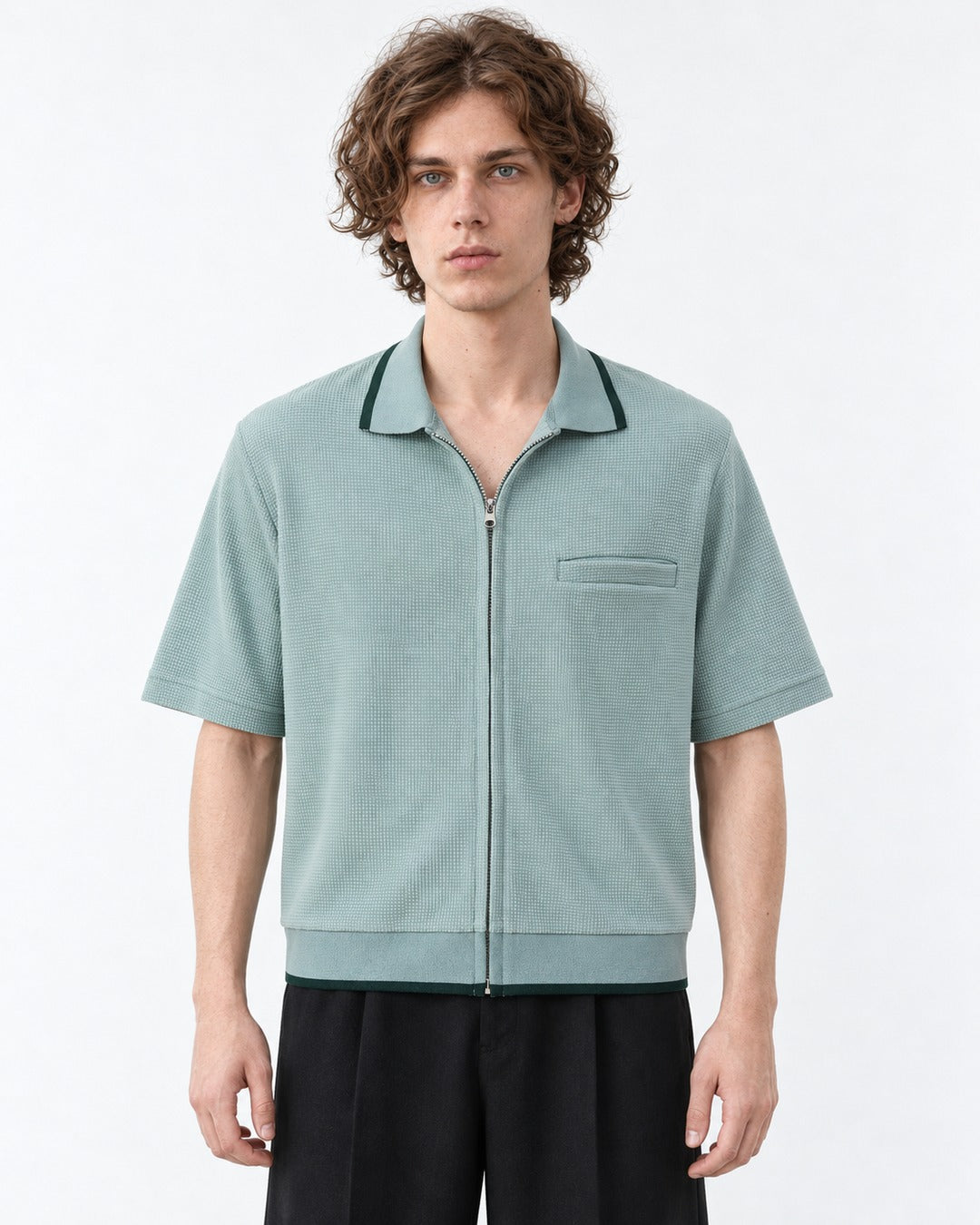 Waffle Knit Zip-Up Short Sleeve Shirt with Contrast Trim