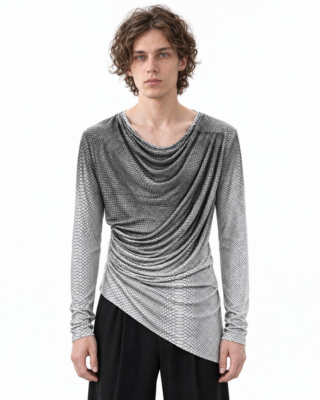 Snake Print Draped Cowl Neck Top