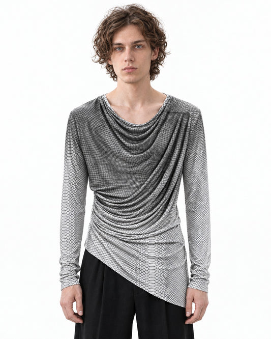 Snake Print Draped Cowl Neck Top
