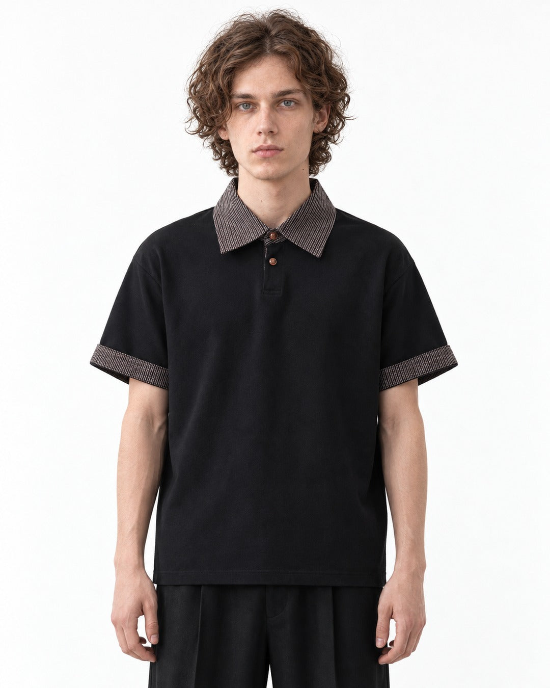 Woven Collar Patchwork Polo Shirt