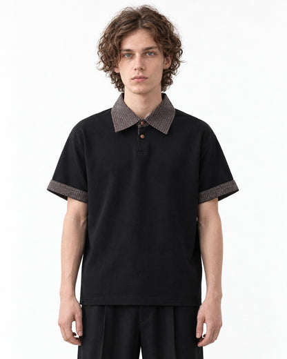 Woven Collar Patchwork Polo Shirt