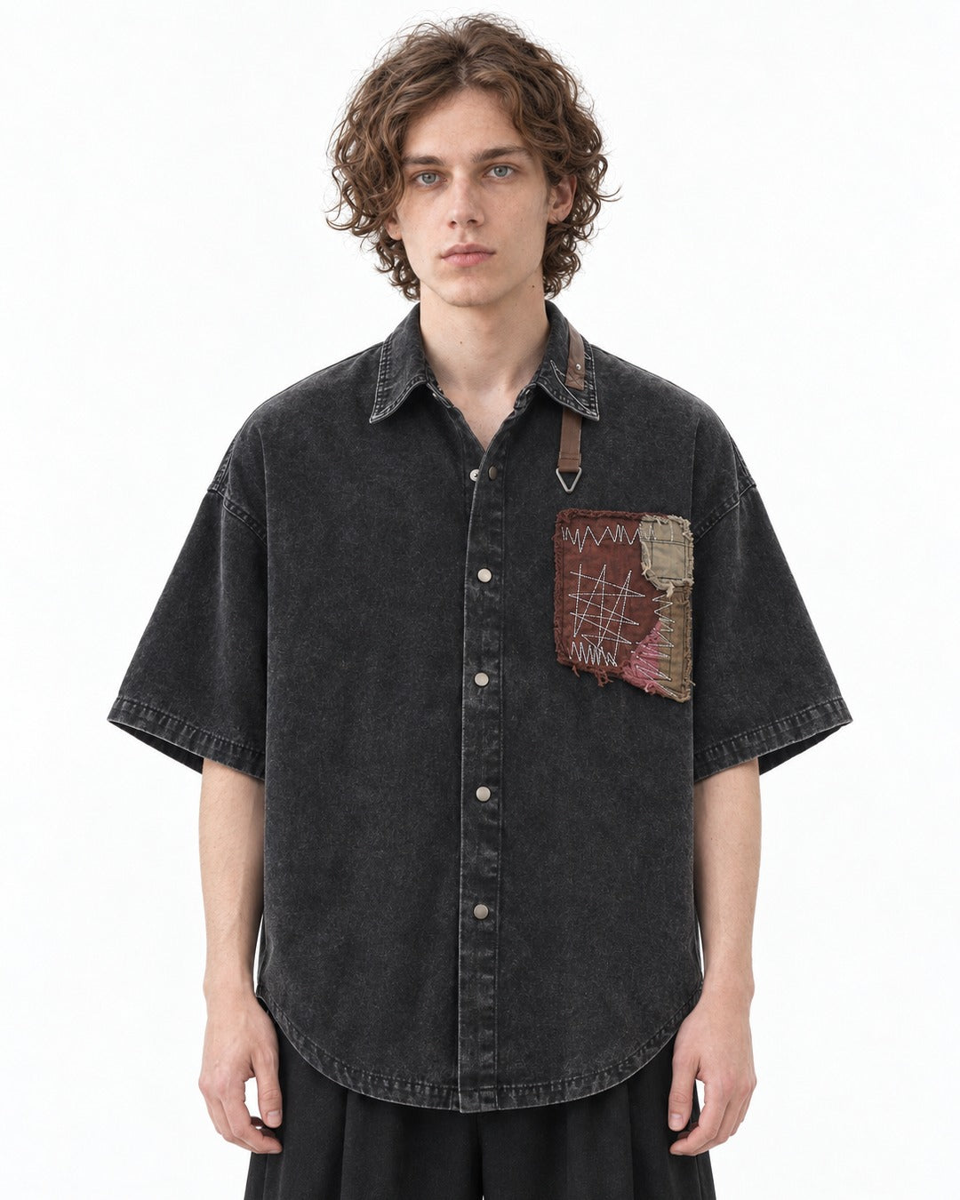Washed Denim Patchwork Short-Sleeve Shirt