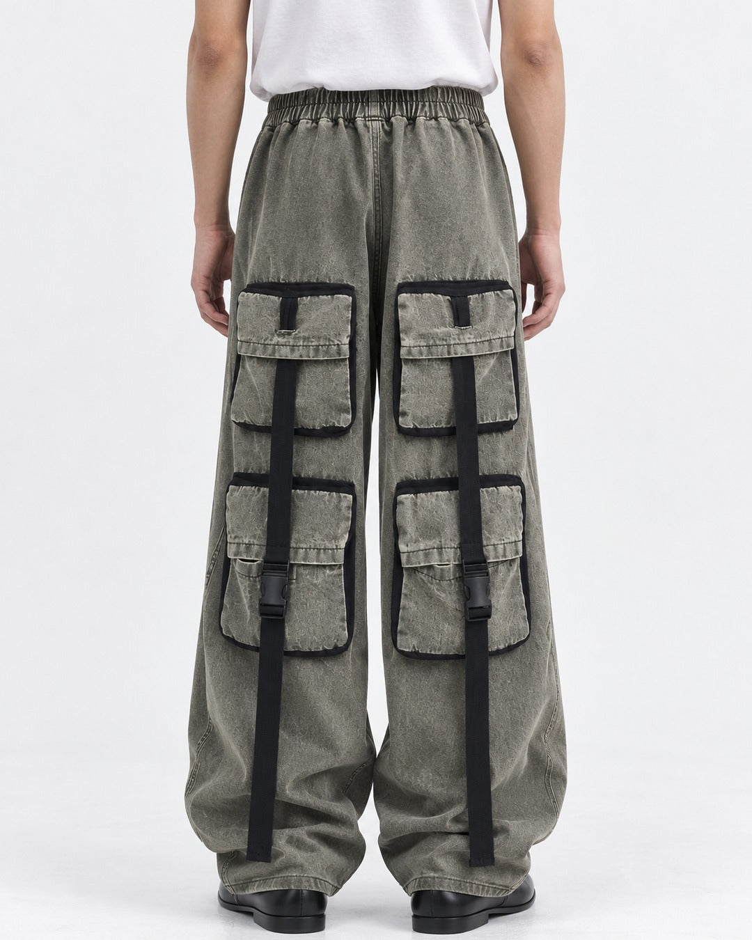 Washed Strap-Pocket Wide Cargo Pants