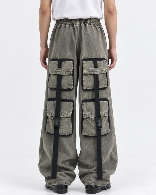 Washed Strap-Pocket Wide Cargo Pants