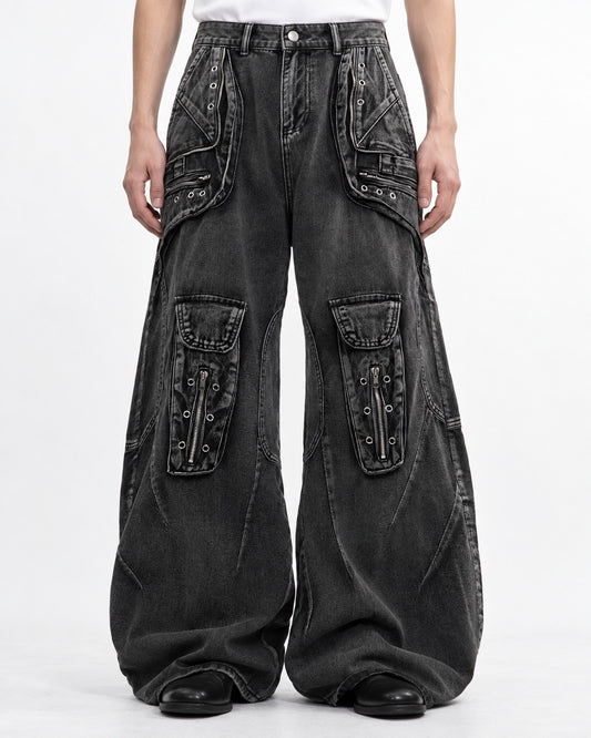 Eyelet Cargo Pocket Wide-Leg Jeans