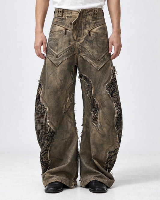 Mud-Dyed Mesh Patch Wide Pants