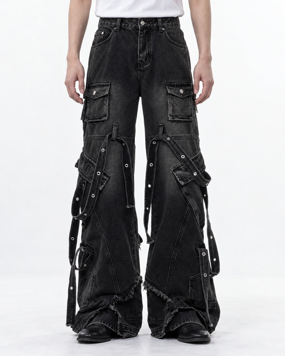 Strap Detail Frayed Hem Jeans