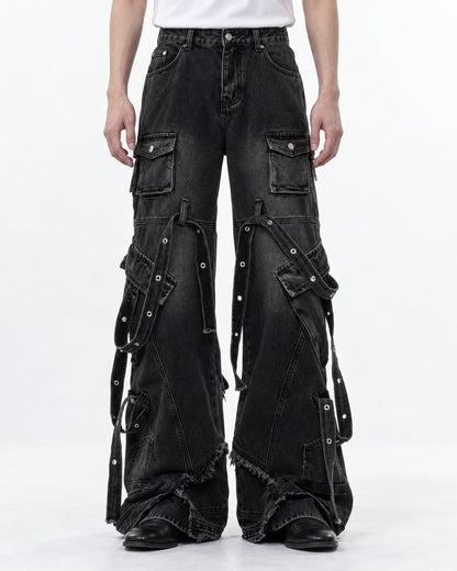 Strap Detail Frayed Hem Jeans
