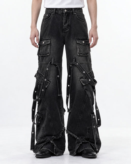Strap Detail Frayed Hem Jeans