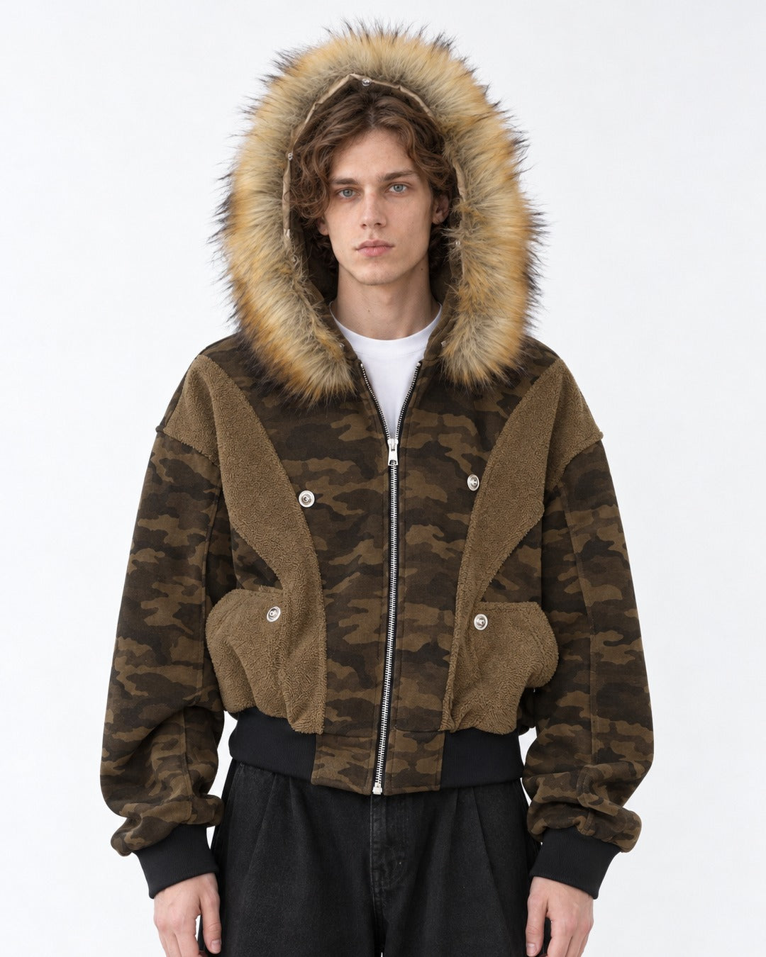 Camouflage Panelled Hooded Bomber with Fur Trim