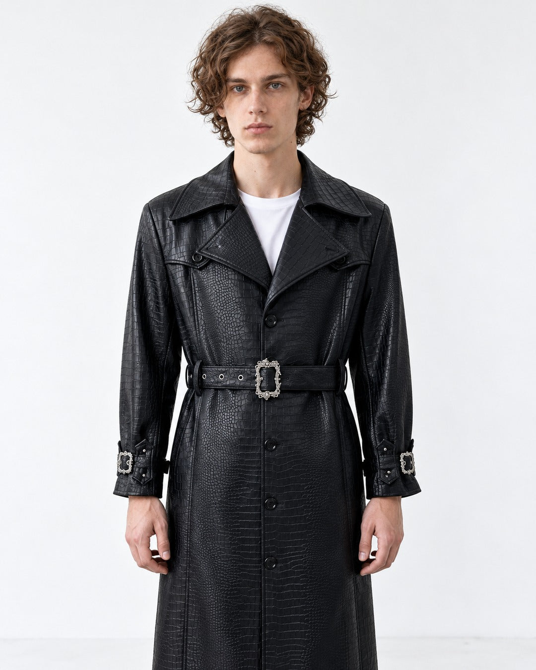 Croc-Embossed Belted Trench Coat