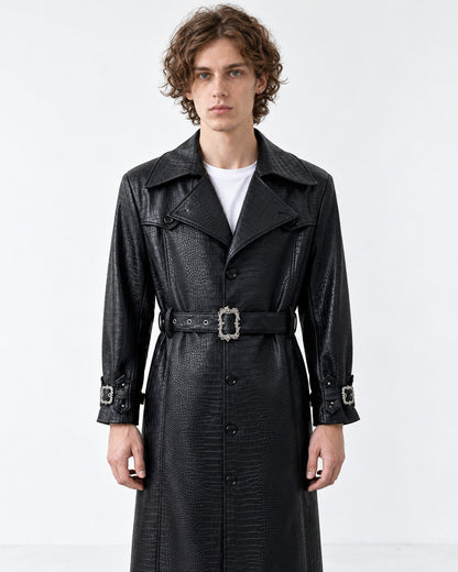Croc-Embossed Belted Trench Coat