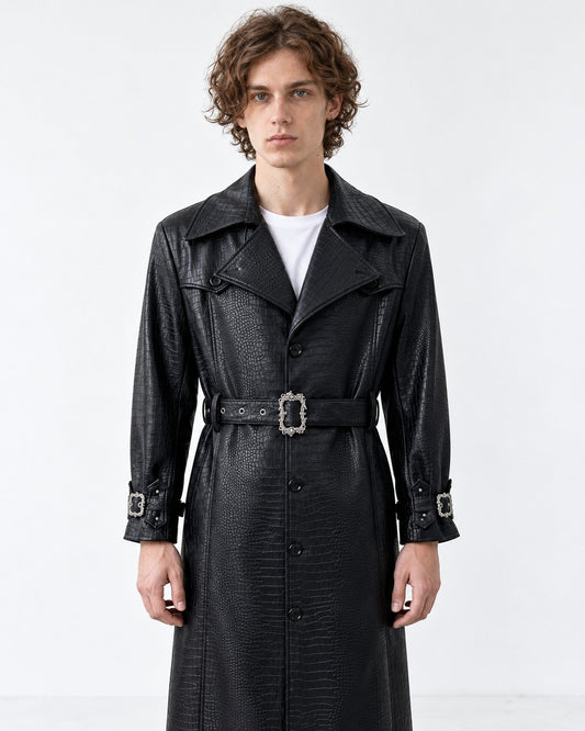 Croc-Embossed Belted Trench Coat