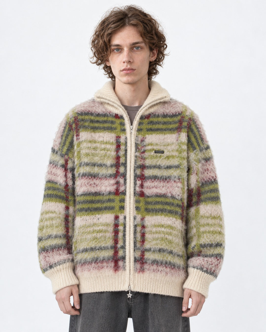 Mohair-Blend Plaid Zip Knit Jacket