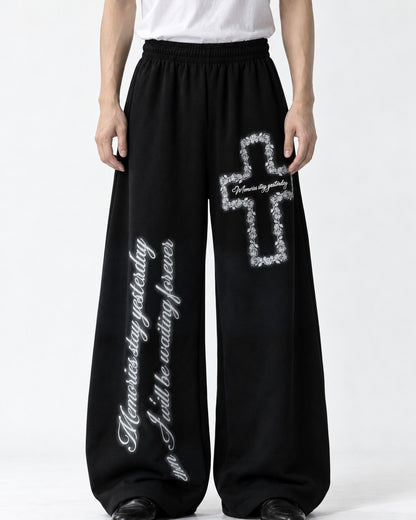 Cross Script Print Wide Sweatpants