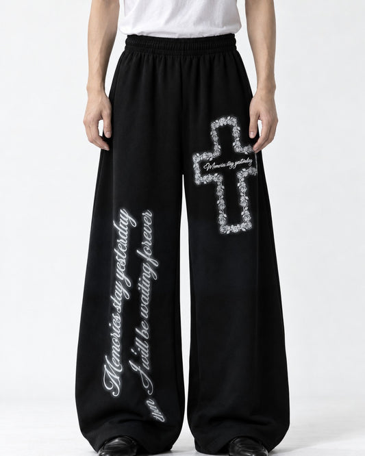 Cross Script Print Wide Sweatpants