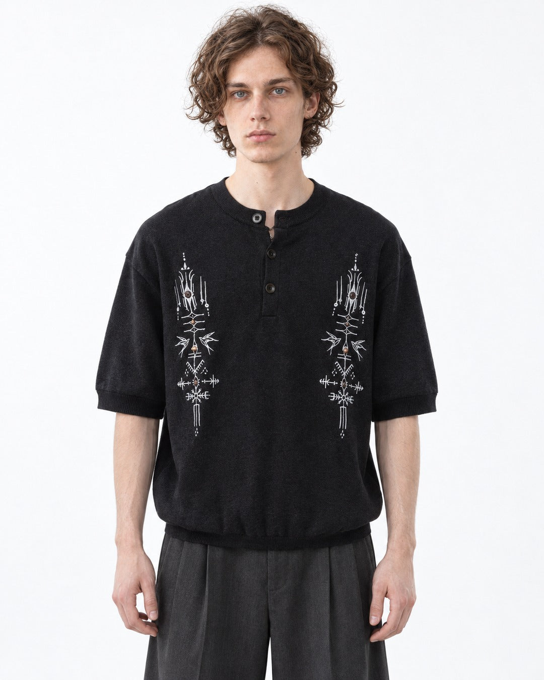 Embroidered Short-Sleeve Henley Knit Top