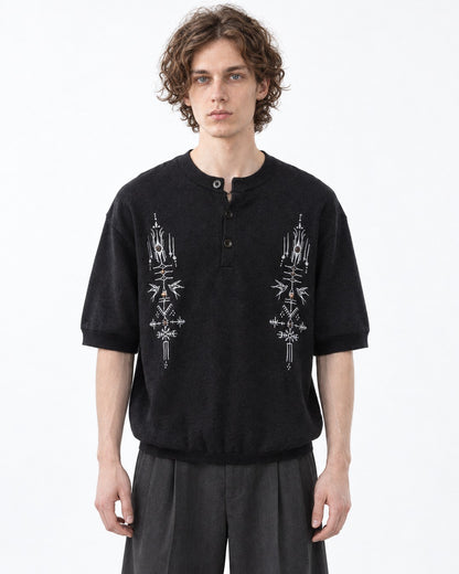 Embroidered Short-Sleeve Henley Knit Top