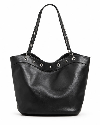 Eyelet Trim Black Bucket Tote Bag
