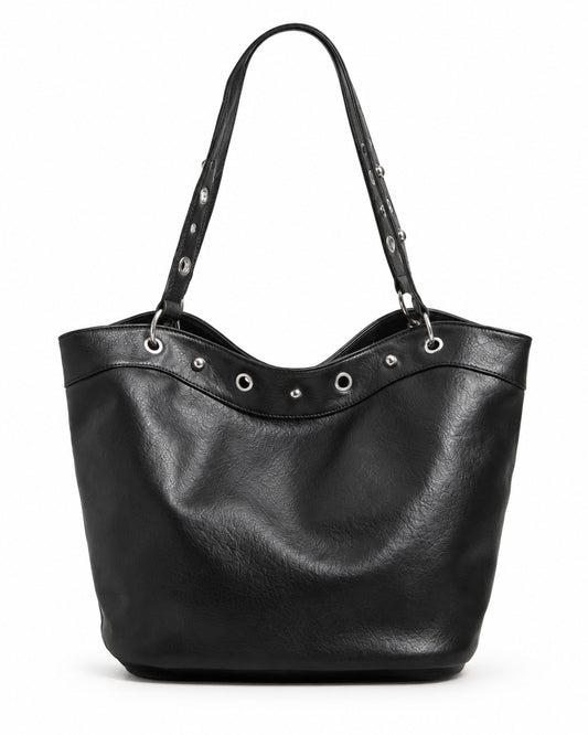 Eyelet Trim Black Bucket Tote Bag