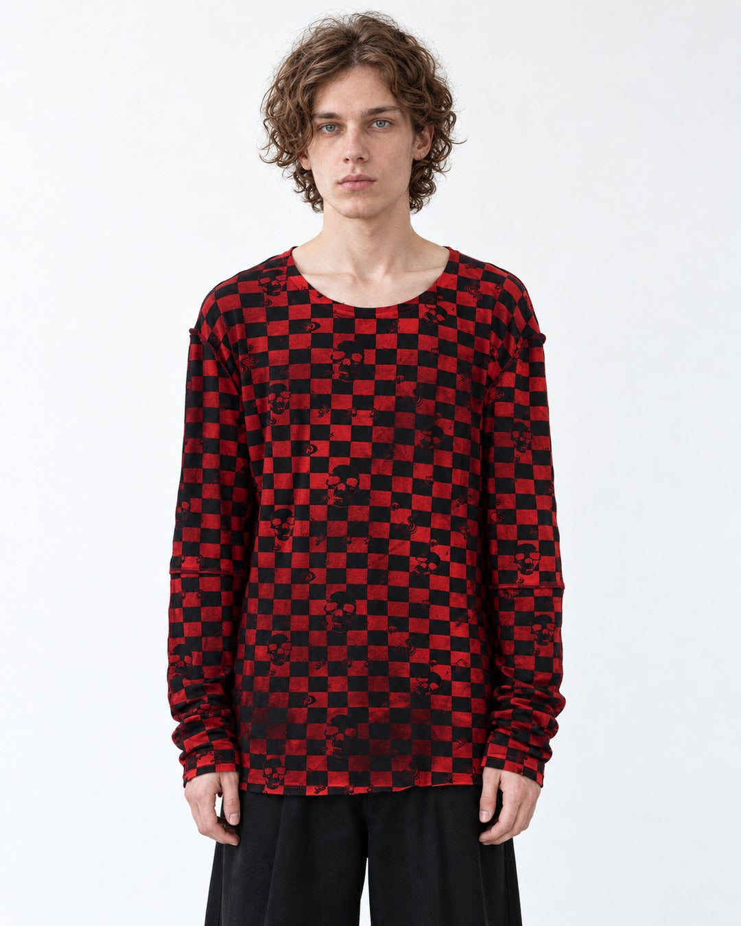 Red and Black Checkerboard Long Sleeve T-Shirt
