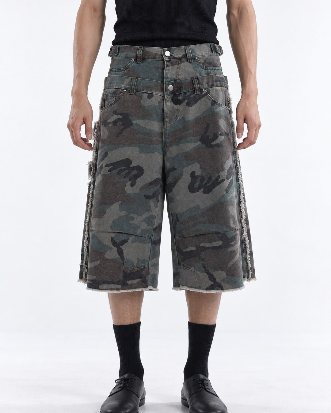 Frayed Camouflage Double Waist Shorts