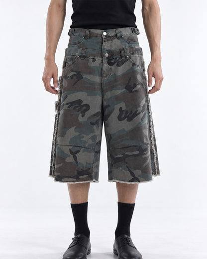 Frayed Camouflage Double Waist Shorts