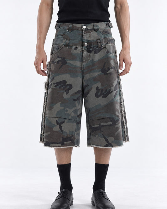 Frayed Camouflage Double Waist Shorts