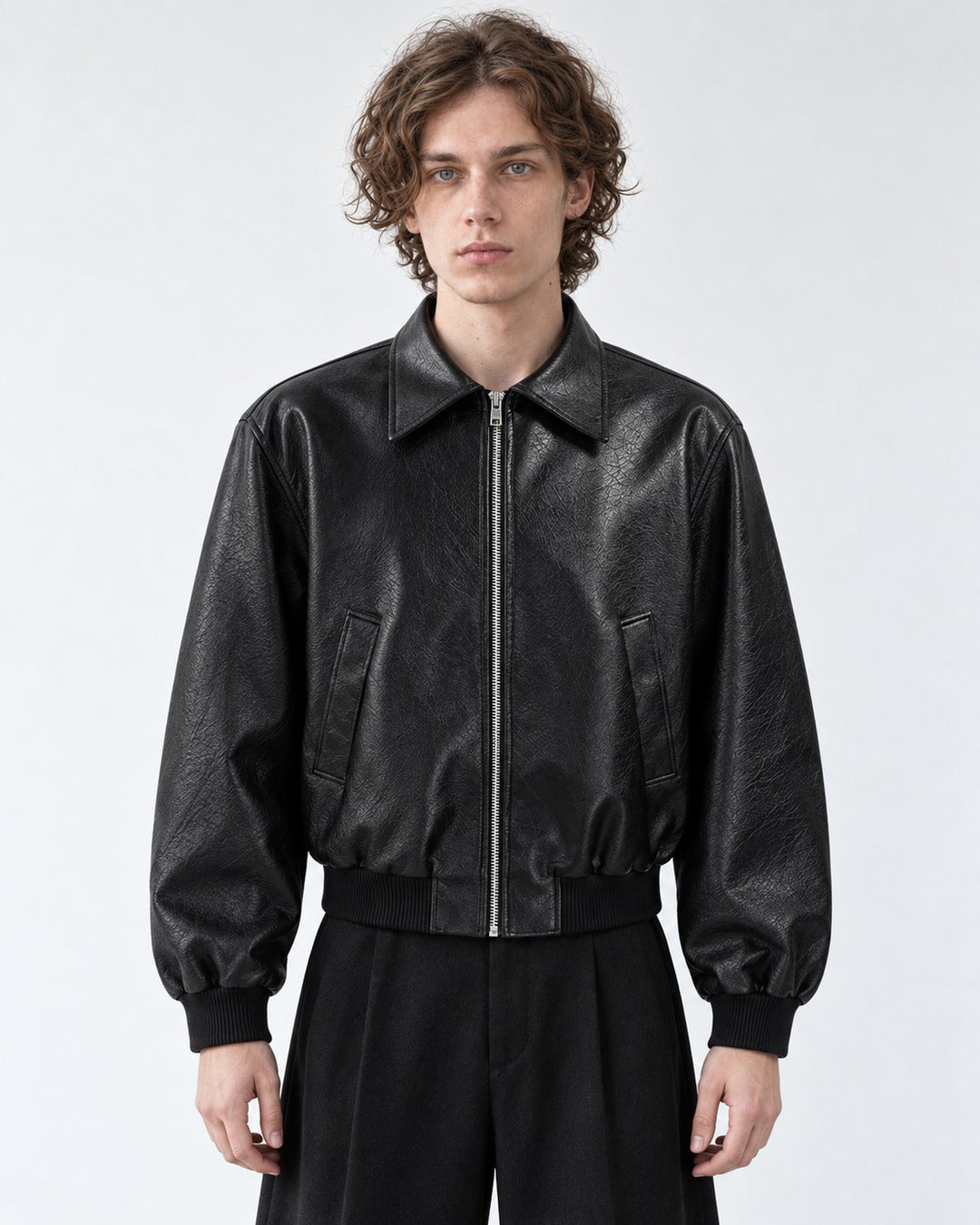 Boxy Shoulder-Pad Leather Bomber
