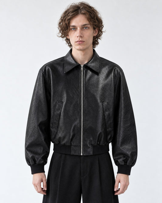 Boxy Shoulder-Pad Leather Bomber