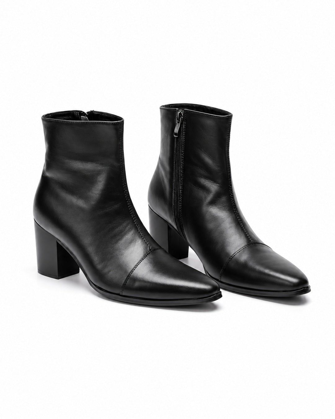 Pointed-Toe Block-Heel Zip Ankle Boots