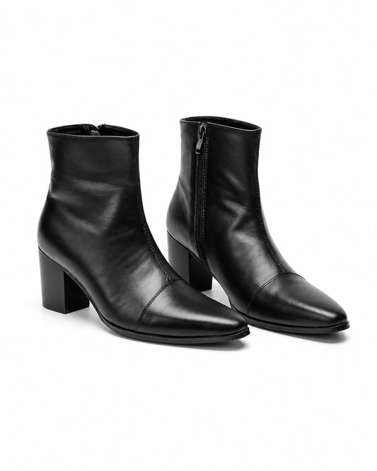 Pointed-Toe Block-Heel Zip Ankle Boots