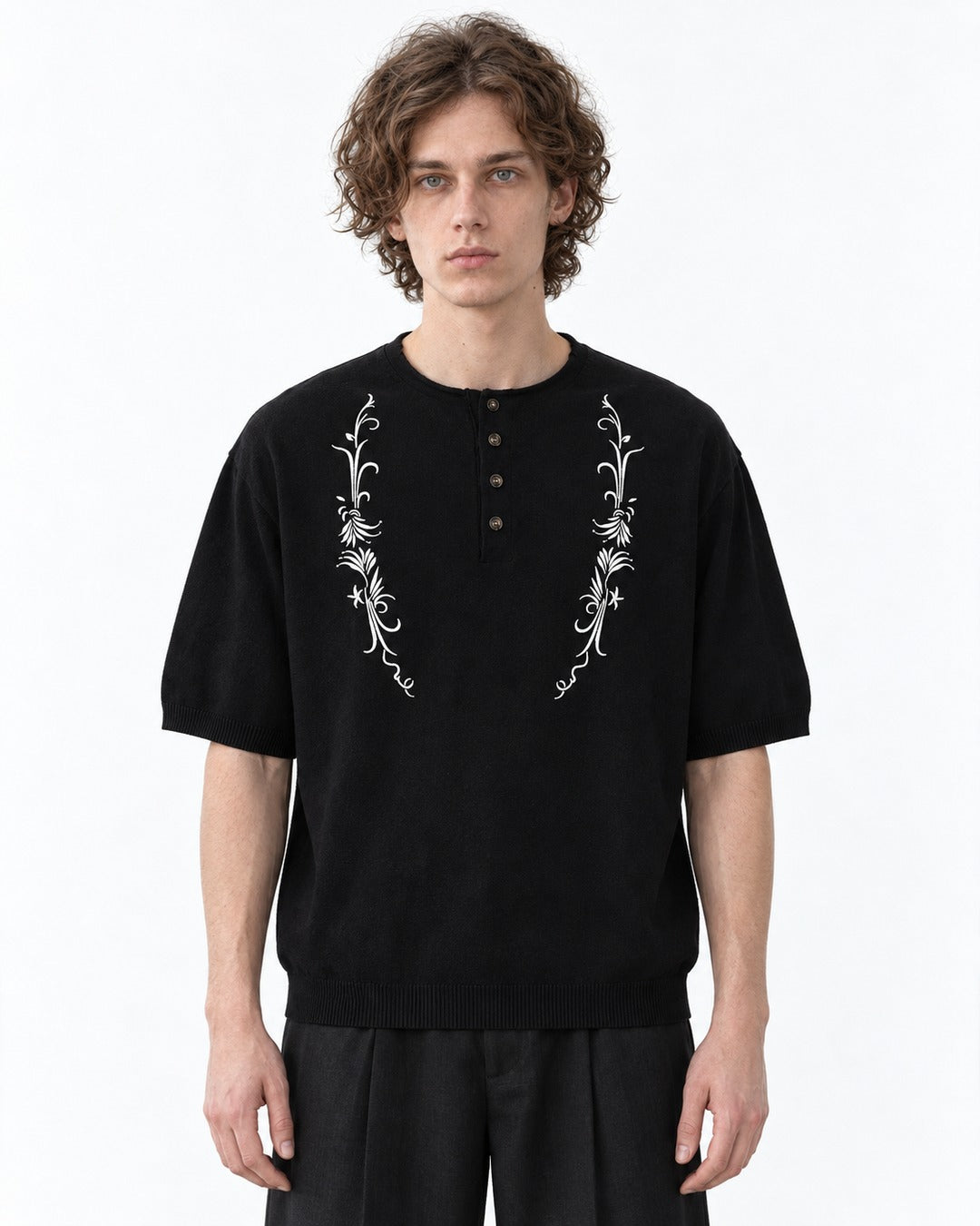 Vine Embroidered Henley Knit Top
