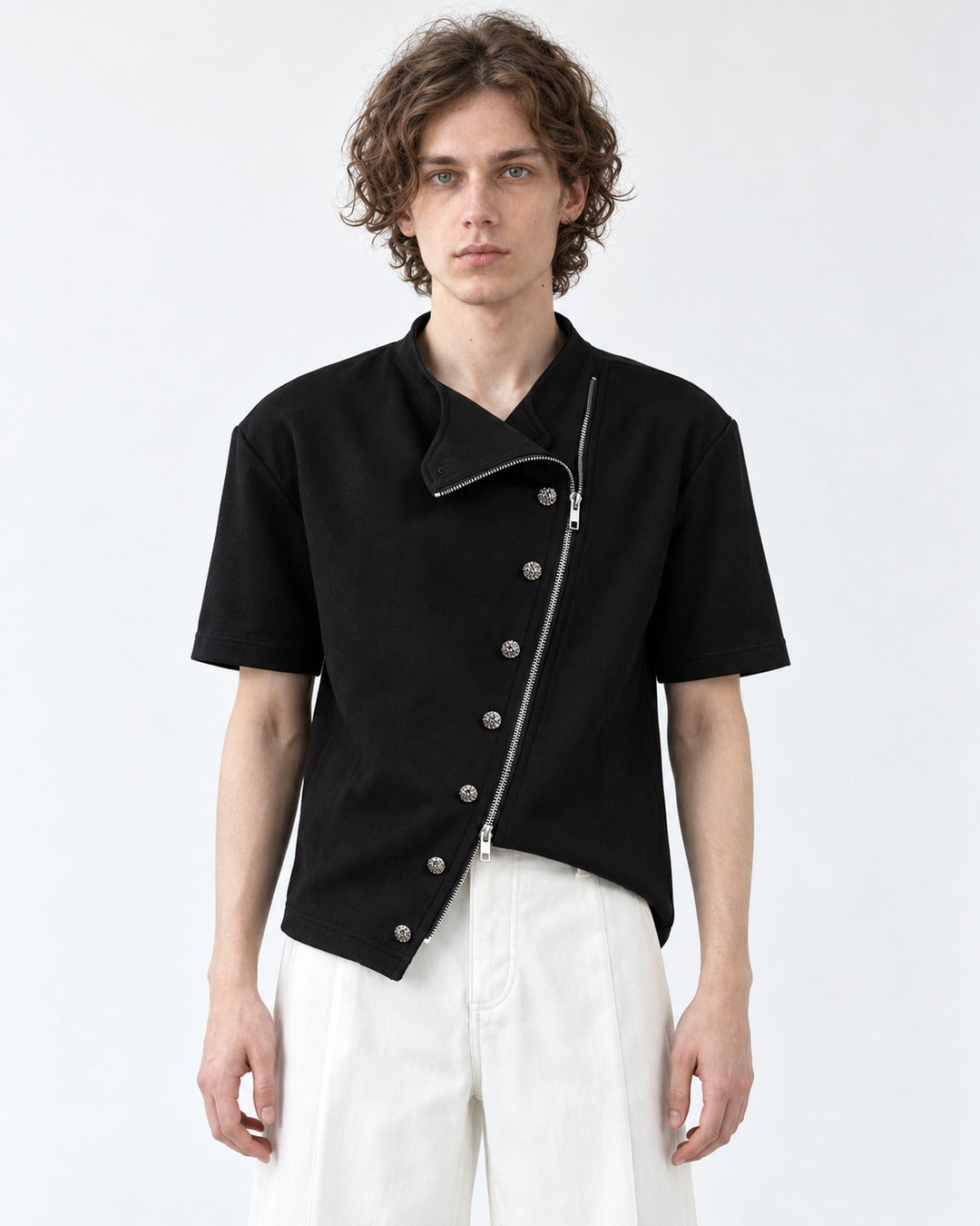 Diagonal Zip Stand Collar Top