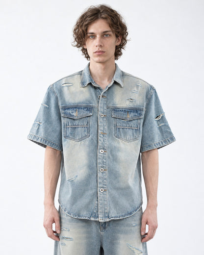 Distressed Washed Denim Shirt and Jeans Set-Up