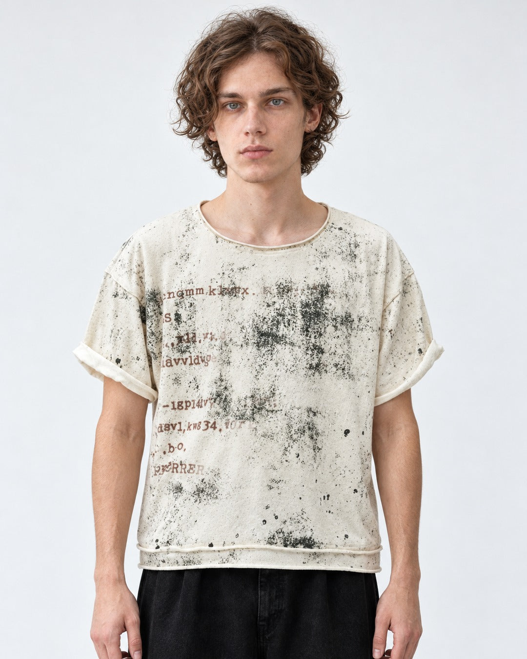 Distressed Stencil Print Raw-Cut Top