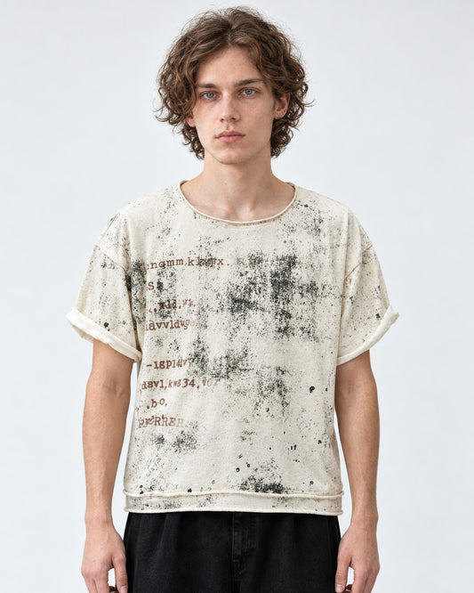 Distressed Stencil Print Raw-Cut Top