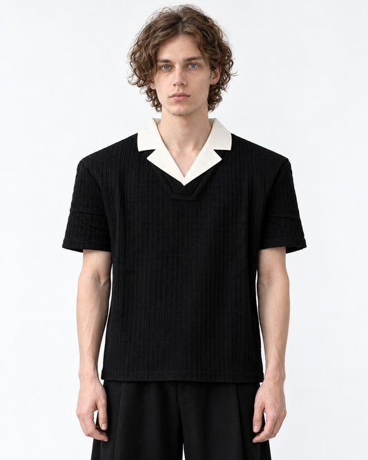 Contrast Lapel Textured V-Neck Tee