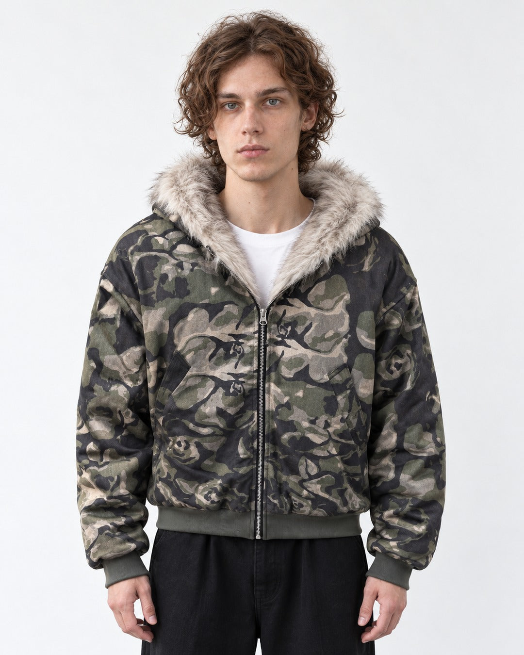Camouflage Fur-Lined Hooded Bomber Jacket