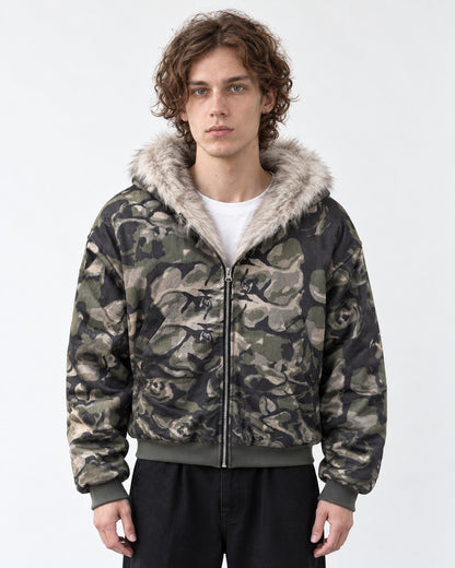 Camouflage Fur-Lined Hooded Bomber Jacket
