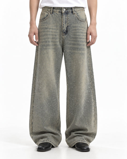 Rhinestone Faded Wide-Leg Jeans