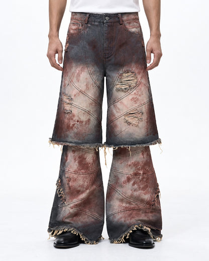 Rust Washed Layered Hem Jeans